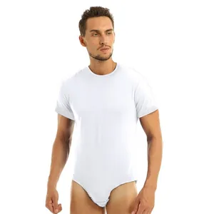 Detailed front view of men's white short sleeve round neck breathable cotton bodysuit
