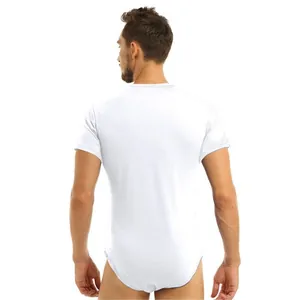 Back view of a white men's short-sleeved bodysuit featuring a crew neck and breathable fabric