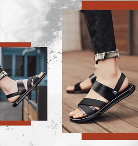 Side view of black PU leather men's sandals featuring a cross-strap design for summer.
