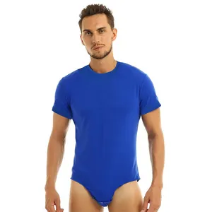 Men's breathable blue short sleeve crew neck bodysuit onesie loungewear detail view