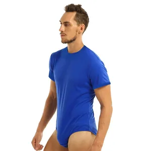 Side view showing a men's royal blue short sleeve round neck snap bodysuit garment