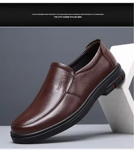 Side view of brown genuine leather loafers showing cowhide texture and sport embossing