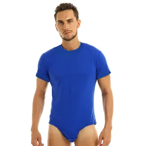 Men's breathable blue short sleeve bodysuit with crew neck and snap crotch buttons