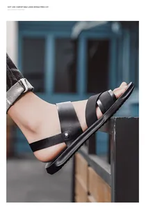Close-up detail of black PU leather men's outdoor sandals with breathable lining