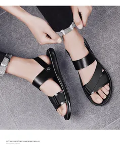 Detail shot of men's black PU leather beach sandals with comfortable lining and soft sole