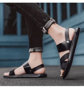 Detail view of men's black PU leather outdoor sandals with soft non-slip sole