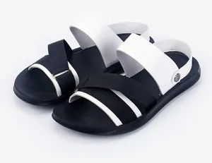 Close-up of men's outdoor sandals with black and white straps and soft sole