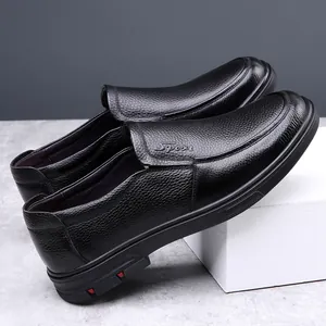 Men's Genuine Cowhide Leather Business Casual Shoes Classic Lychee Pattern Slip-on Lace-up Loafers Soft Sole Non-slip Working Shoes