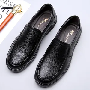 Classic black genuine cowhide leather loafers for men, business casual slip-on shoes