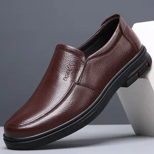 Premium brown leather men's slip-on business casual shoes with soft sole
