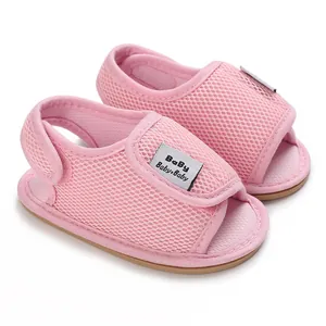 Detailed view of pink breathable mesh baby shoes with anti-slip soft rubber soles