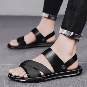 Men's outdoor PU leather sandals with cross straps and non-slip soft soles for summer