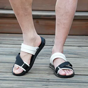 Men's stylish black and white outdoor PU leather sandals with soft sole for summer beach