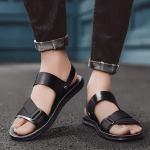 Men's outdoor PU leather sandals with non-slip soft sole for summer beach walking.