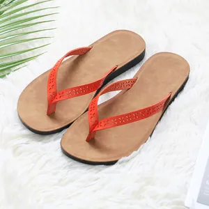 Stylish summer PU leather flip-flops for women featuring decorative orange cut-out straps