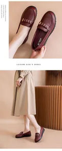 Close-up view and outfit presentation of soft-soled dark red loafers for women