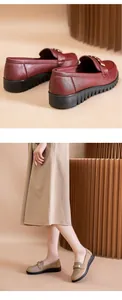 Detail view of comfortable women's flat loafers with soft non-slip soles for work.