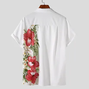 Back detail of men's white Hawaiian shirt with vibrant red hibiscus floral print