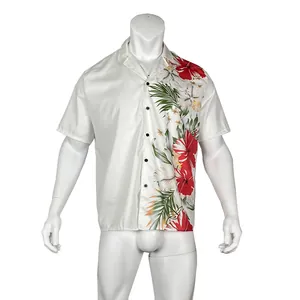 Detailed view of a white Hawaiian men's shirt featuring a bold red floral print pattern