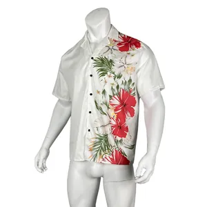 Detailed view of white Hawaiian shirt with red hibiscus floral print on mannequin