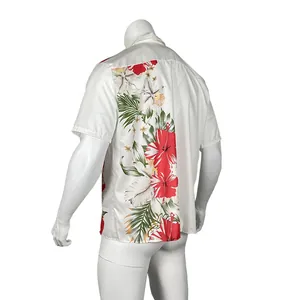 Back view of men's white Hawaiian shirt featuring vibrant red hibiscus flower print