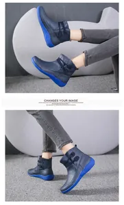 Vista laterale e posteriore di eleganti stivaletti blu navy da donna con suole blu