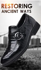 Detailed macro shot of black sheepskin leather shoe with decorative skull buckle