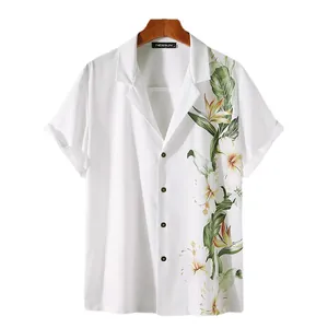 Men's stylish white short-sleeve Hawaiian shirt with tropical floral print on a hanger
