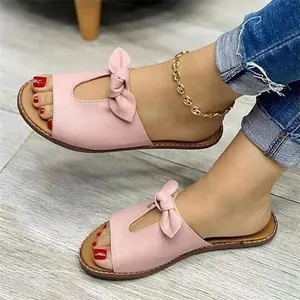 Lässige rosa flache Damenhausschuhe mit stilvollem Schleifendesign und hohlem Ausschnitt