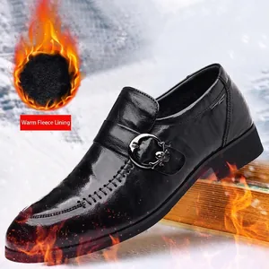 Men's black leather formal dress shoes with warm fleece lining and skull buckle