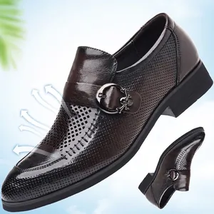 Breathable men's sheepskin leather dress shoes with hollow design and skull buckle