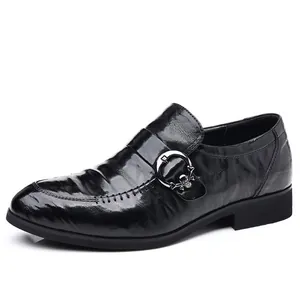 Black sheepskin leather business dress shoes for men with unique skull buckle detail