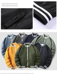 Professional collage displaying various colors and close-up details of men's baseball jackets