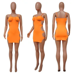 Σέξι πορτοκαλί μίνι φόρεμα bodycon με διακόσμηση από στρας και πλαϊνά κοψίματα για γυναίκες