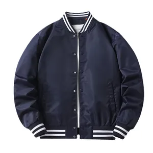 Classic navy blue men's casual bomber jacket featuring striped ribbed collar and cuffs