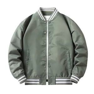 Men's sage green varsity baseball jacket with striped ribbing and snap buttons