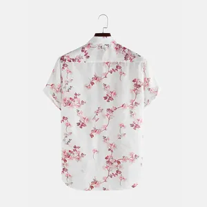 Back view of men's white short sleeve shirt with pink floral print for summer beach