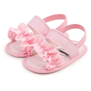Rosa Baby-Sandalen mit Rüschen, weichen Sohlen und elastischem Fersenriemen für Mädchen