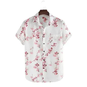 Casual white Hawaiian beach shirt for men featuring a vibrant pink floral print