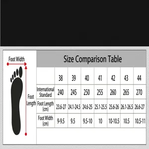 Size guide for men's breathable flyknit sports shoes showing foot measurements
