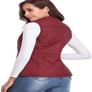 Detailed back view of a slim-fit burgundy quilted vest for women featuring a stand collar