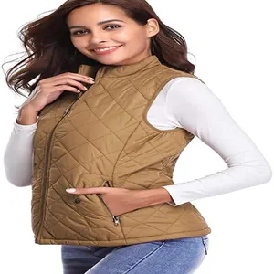 High-quality detailed view of women's khaki quilted vest with stand collar and zipper