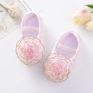 Detailed view of pink baby princess shoes with gold-edged mesh flowers