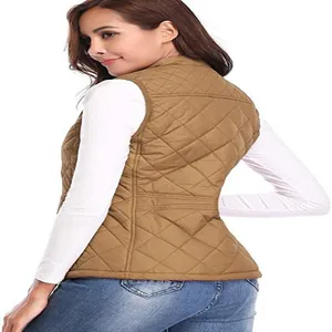 Back view detail of a women's quilted brown puffer vest featuring a stand collar design
