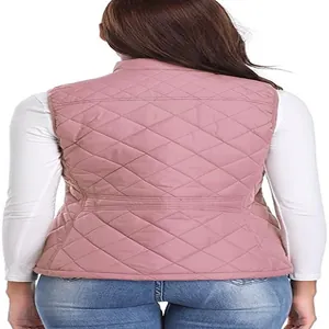 Back view of a pink quilted puffer vest with stand collar and diamond stitching