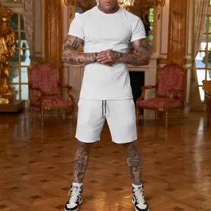 Full-body view of a men's white short-sleeve T-shirt and matching sports shorts set