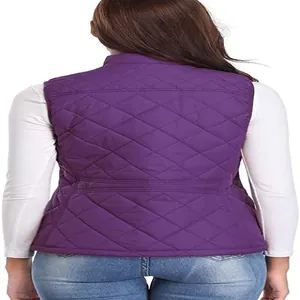 Detailed back view of a women's purple quilted warm vest featuring stand-up collar.