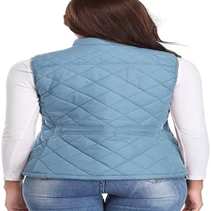 Detailed back view of a blue diamond quilted warm vest with a stand collar for women