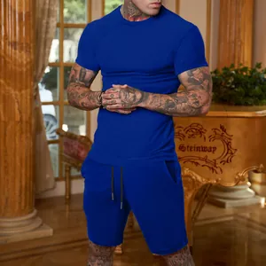 Men's royal blue casual two-piece sport set with t-shirt and drawstring shorts