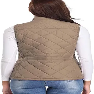 Back view of women's quilted padded vest with stand collar and diamond pattern